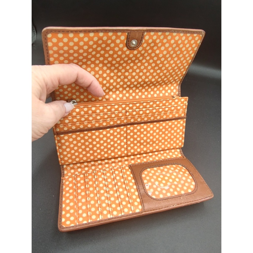 Fossil Key-Per Trifold Wallet Multicolor Abstract Teardrop Leather Trim Brown - Picture 9 of 11